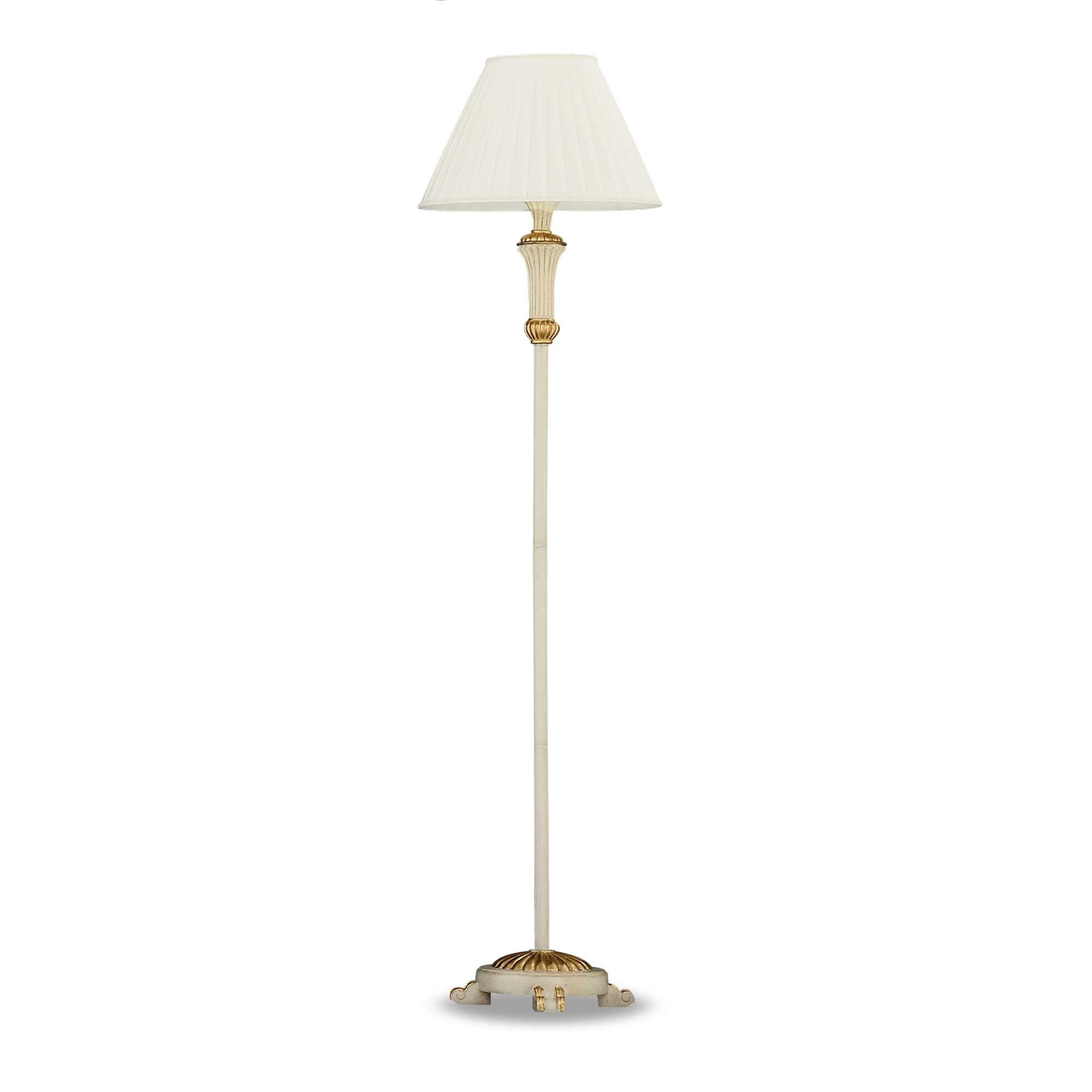 Lampa de podea clasica cu abajur textil pliat, corp metalic alb antichizat si accente aurii, soclu E27, stil neoclasic