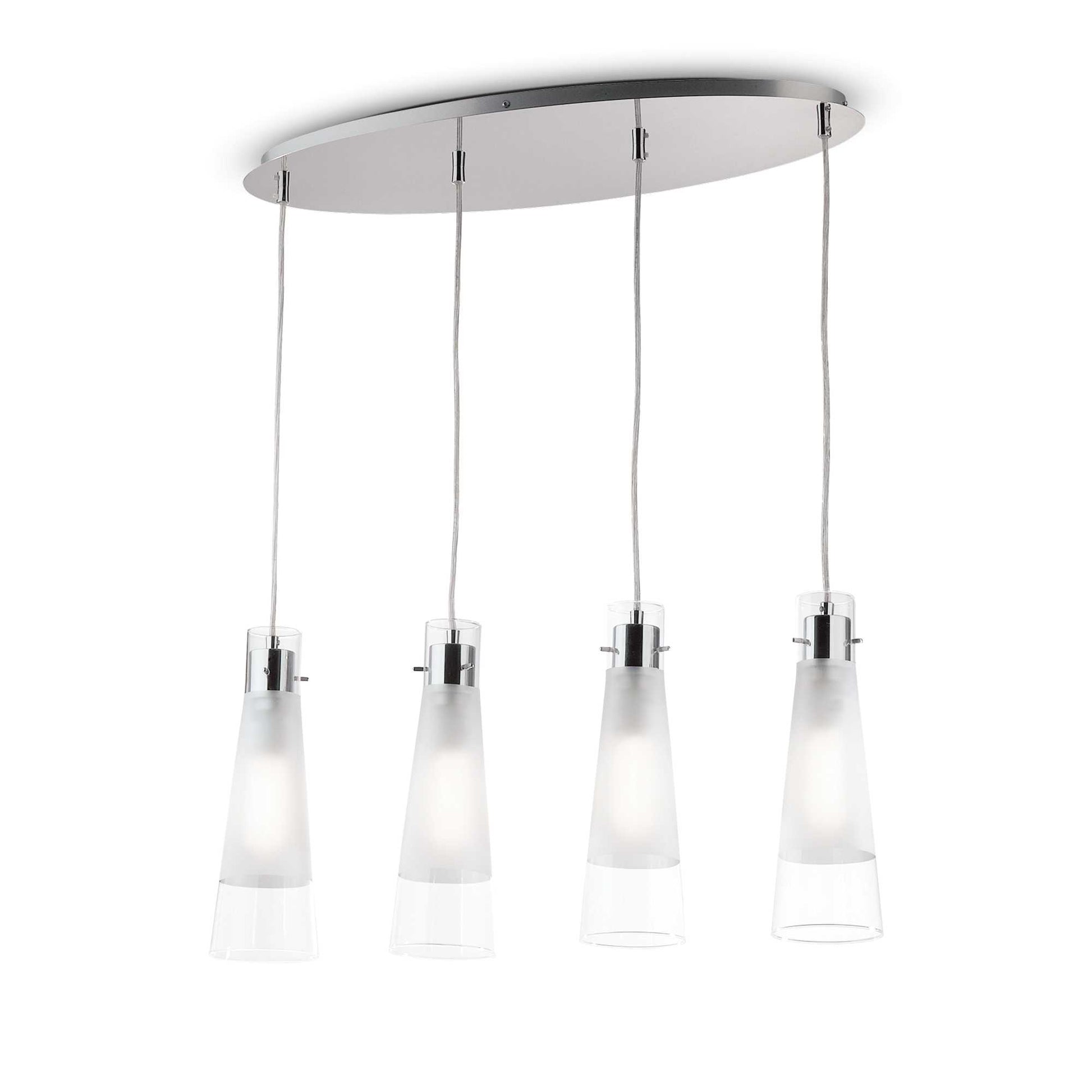 Lustra suspendata 4 pendule conice sticla dubla satinata si transparenta, canopie ovala cromata, design modern