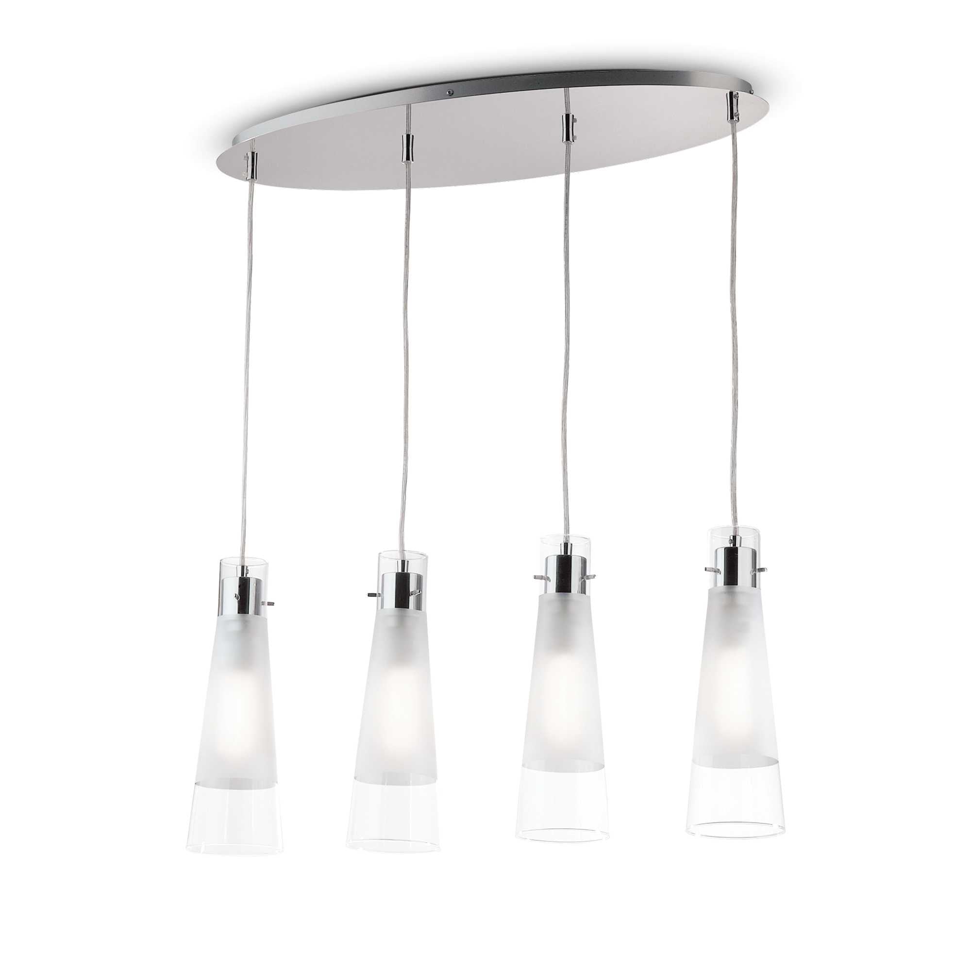Lustra suspendata 4 pendule conice sticla dubla satinata si transparenta, canopie ovala cromata, design modern