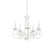 Lustra suspendata clasica cu 5 brate tip lumanare, structura metalica alba cu volute, soclu E14, montaj tavan