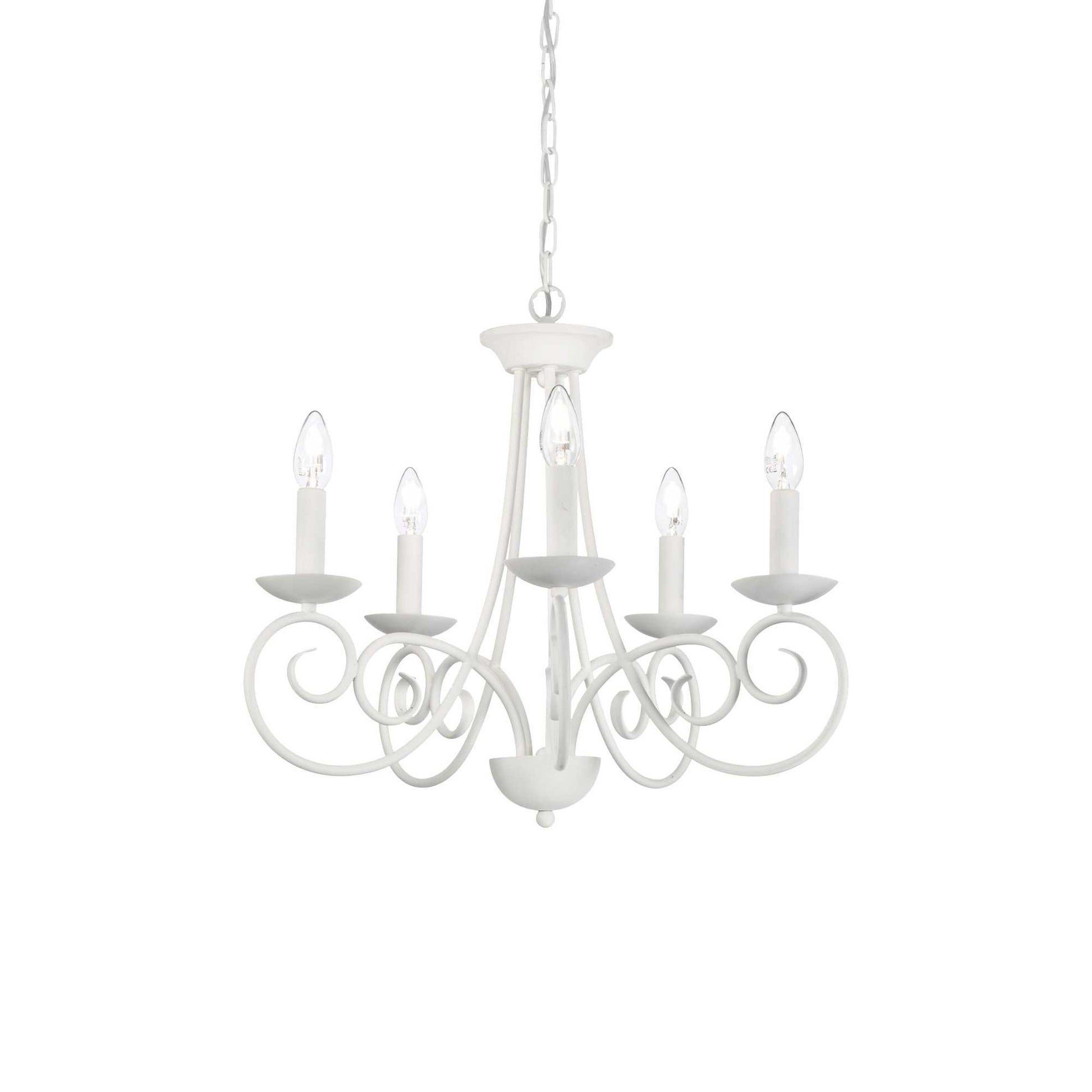 Lustra suspendata clasica cu 5 brate tip lumanare, structura metalica alba cu volute, soclu E14, montaj tavan