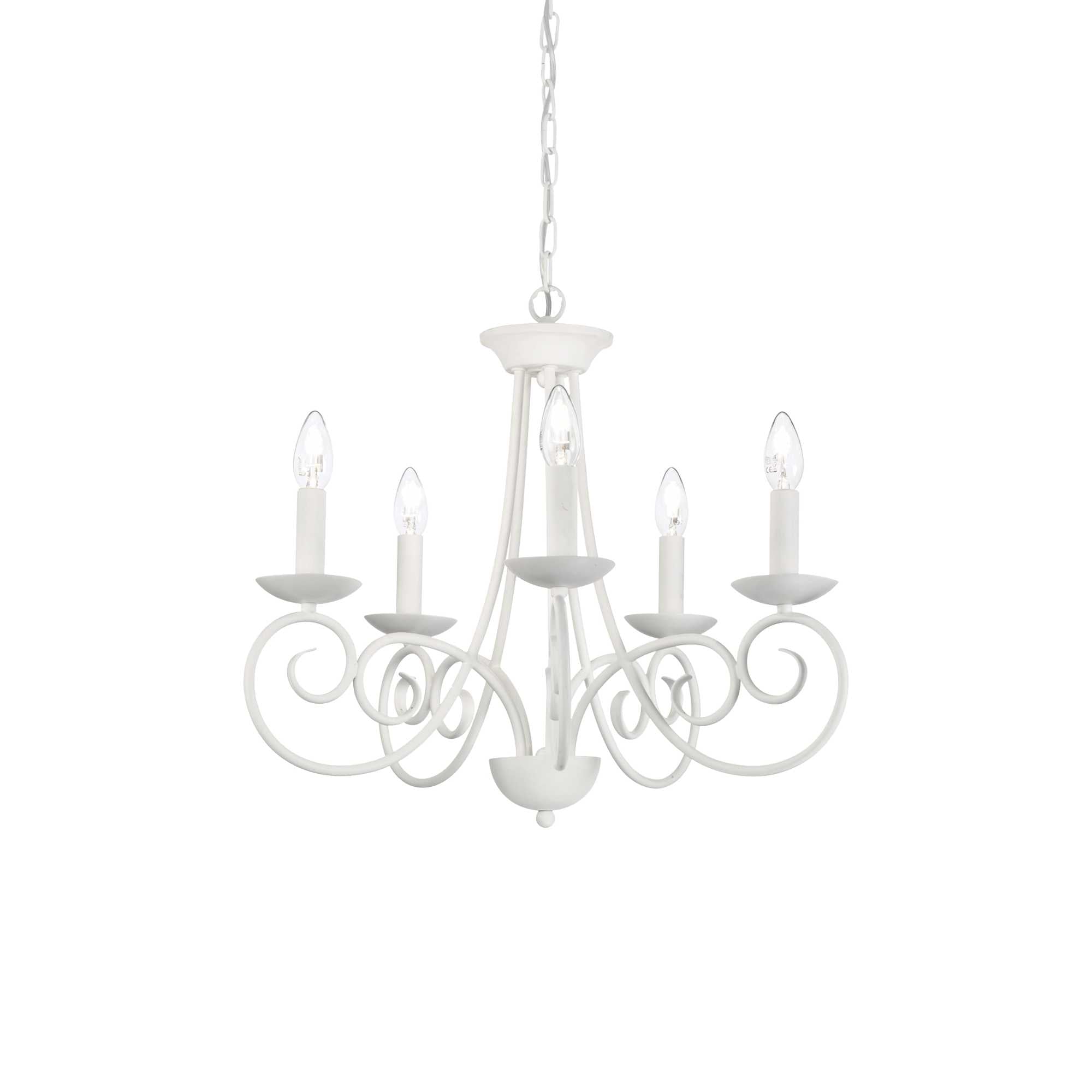 Lustra suspendata clasica cu 5 brate tip lumanare, structura metalica alba cu volute, soclu E14, montaj tavan