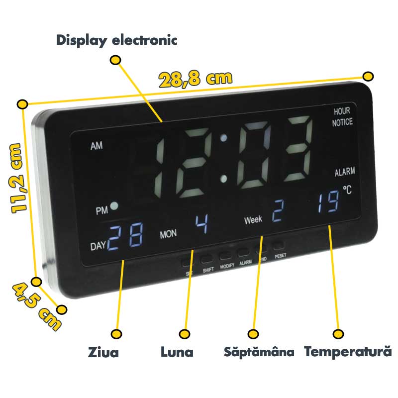 Ceas digital LED cu dimensiuni marcate: 28,8 x 11,2 x 4,5 cm, afisaj zi, luna, saptamana, temperatura