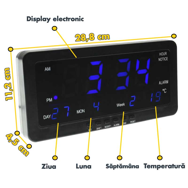 Ceas digital LED cu dimensiuni 28,8x11,2x4,5 cm, afisaj zi, luna, saptamana si temperatura