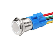 Buton push metalic 16mm cu LED alb, 220V, IP65, corp inox cu cablu de conectare multicolor
