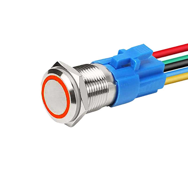 Buton push metalic 16mm cu LED inel rosu, 9-30V, contact 1NO 1NC, mufa cu 5 fire inclusa