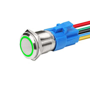 buton push metalic 16mm cu LED verde inel, 9-30V, 5A, mufa cu fire inclusa