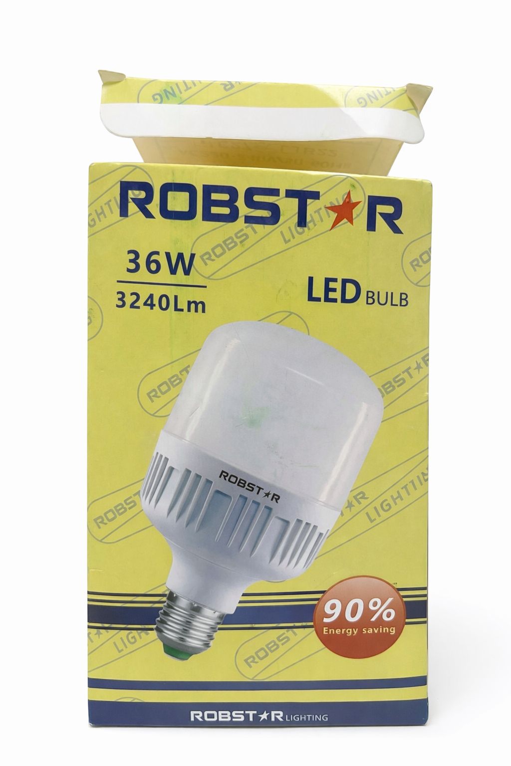 Bec LED cilindric 36W cu aripioare de racire, prezentat in ambalaj galben, soclu E27