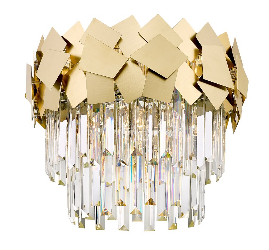 Candelabru cu cristale si rama aurie, 12 x E14 max 60W, diametru 600 mm, pentru living sau sala de mese