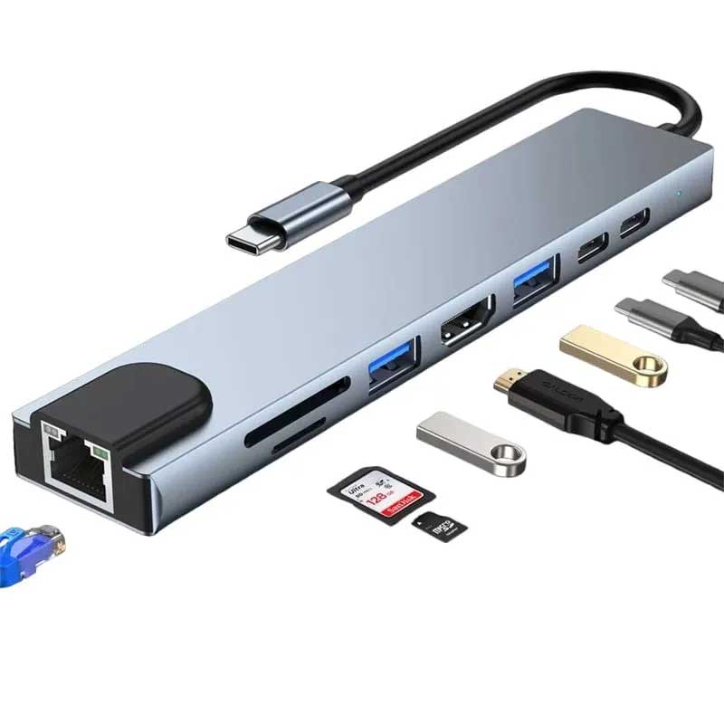 Hub USB-C 8 in 1 cu port Ethernet RJ45, cititor SD si accesorii compatibile incluse