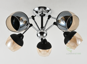Lustra 5 brate E27 design retro-modern, abajururi sticla fumurie si amber, finisaj crom si negru mat, montaj tavan