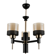 Lustra suspendata 3 brate E27, structura metalica negru-auriu cu abajururi cilindrice din sticla fumurie amber, design modern