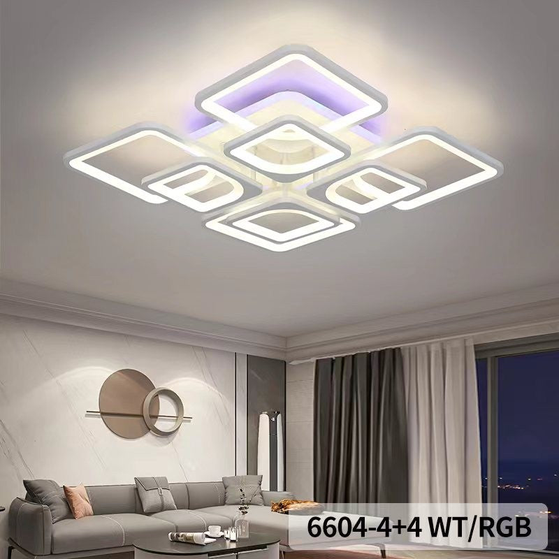 Lustra LED cu rame patrate suprapuse, efect RGB violet, montaj direct pe tavan, living spatios