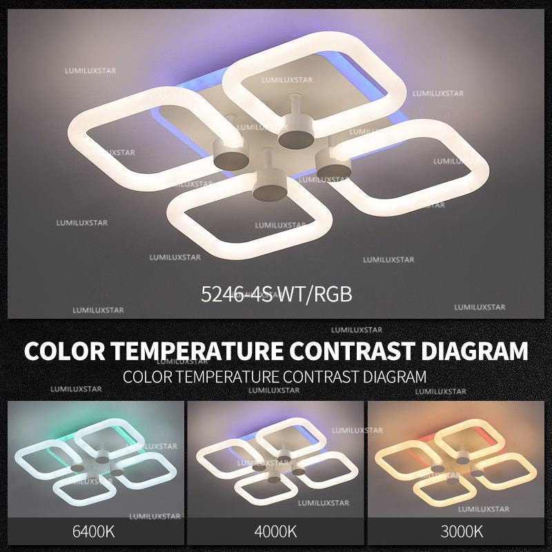 Lustra LED 4 patrate RGB, 70W, reglabila 3000K-6400K, montaj tavan, retroiluminare contur