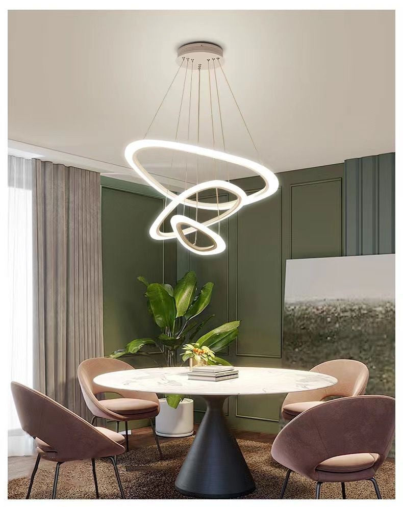Lustra LED 118W cu 3 inele acrilice suspendate, 6000 lm, lumina reglabila 3000K-6500K, deasupra mesei de dining