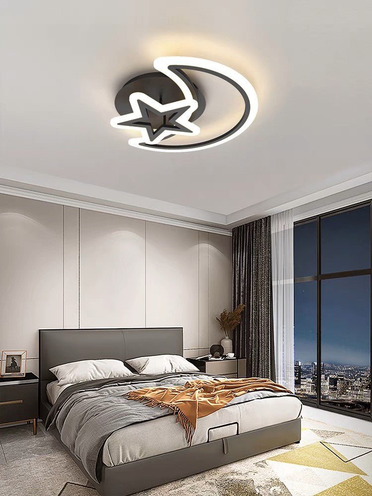 Plafoniera LED luna si stea neagra, iluminare calda in dormitor modern, intensitate reglabila