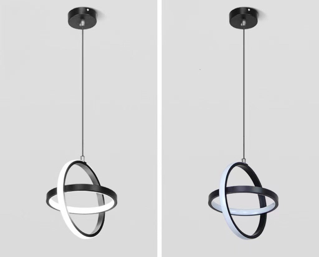 Lustra LED suspendata 23W cu doua inele intersectate, design modern negru, lumina calda neutra sau rece