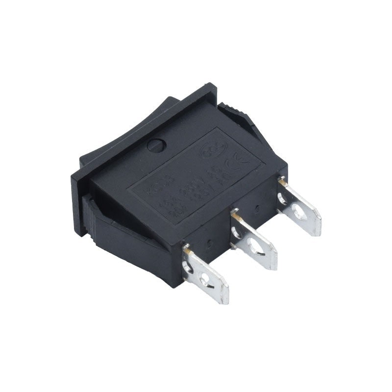Intrerupator rocker negru, vedere laterala cu 3 terminale plate tip papuc vizibile