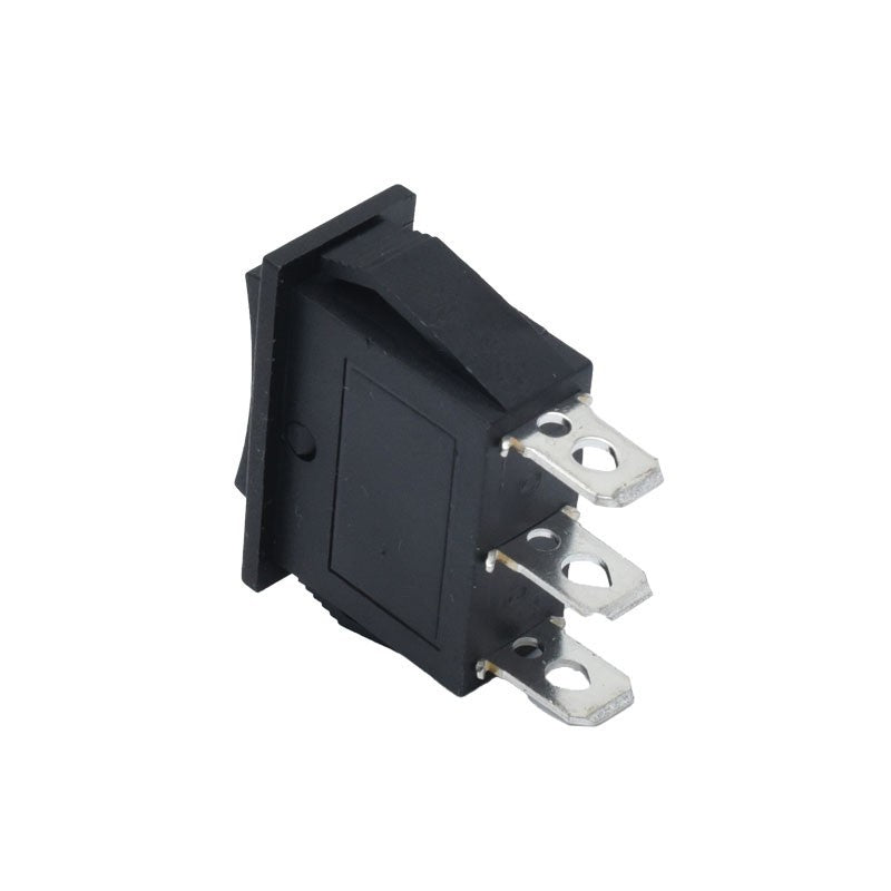 Intrerupator rocker cu revenire, vedere frontala cu terminale 6.3mm si corp negru compact