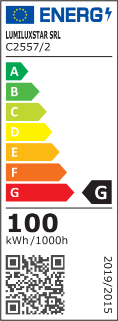 Eticheta energetica clasa G, consum 100 kWh/1000h, lustra LED 100W