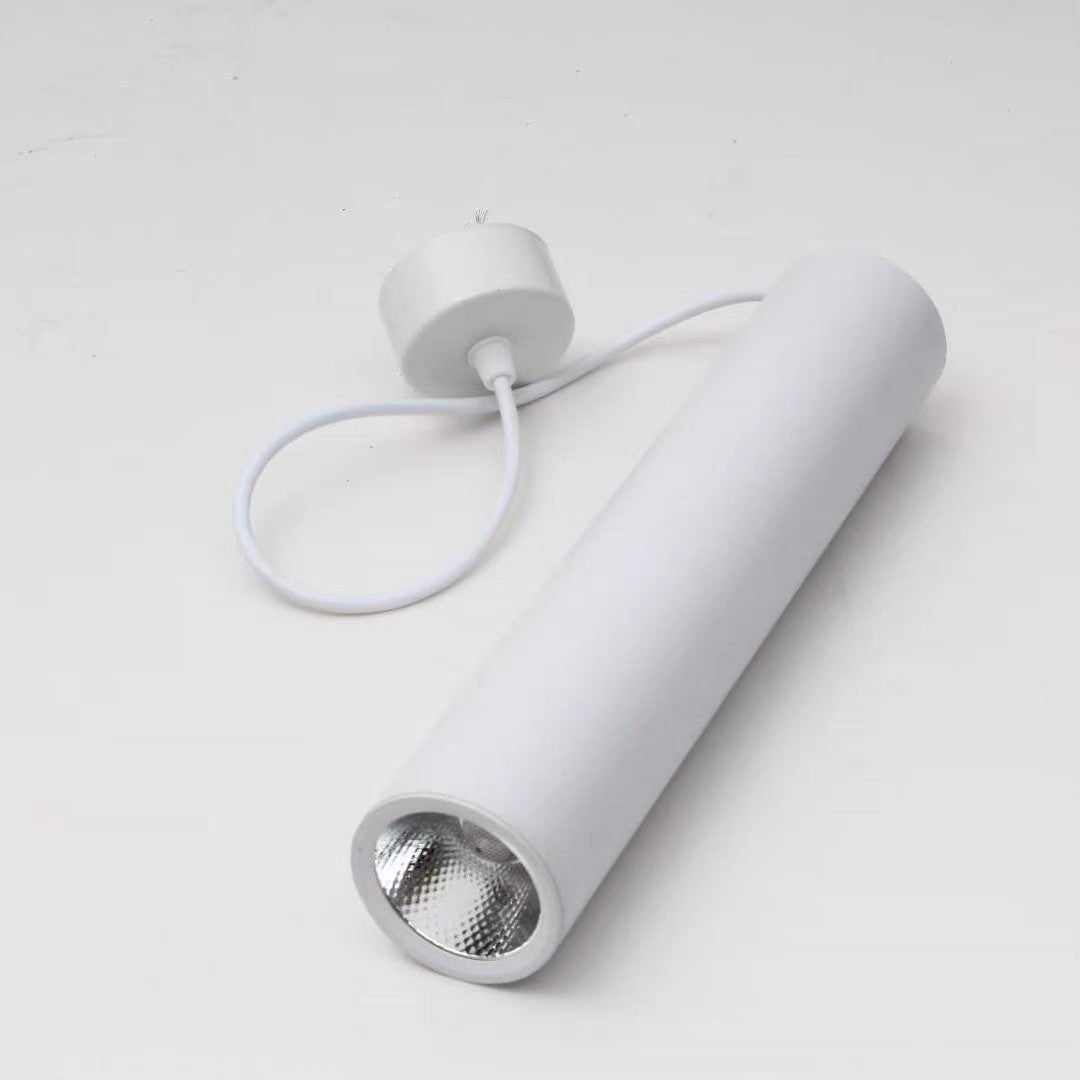Lustra LED tubulara pe cablu 7W 4000K, corp cilindric aluminiu alb mat cu sursa integrata, design minimalist