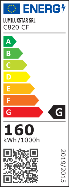 Eticheta energetica clasa G, consum 160 kWh/1000h, lustra LED tavan