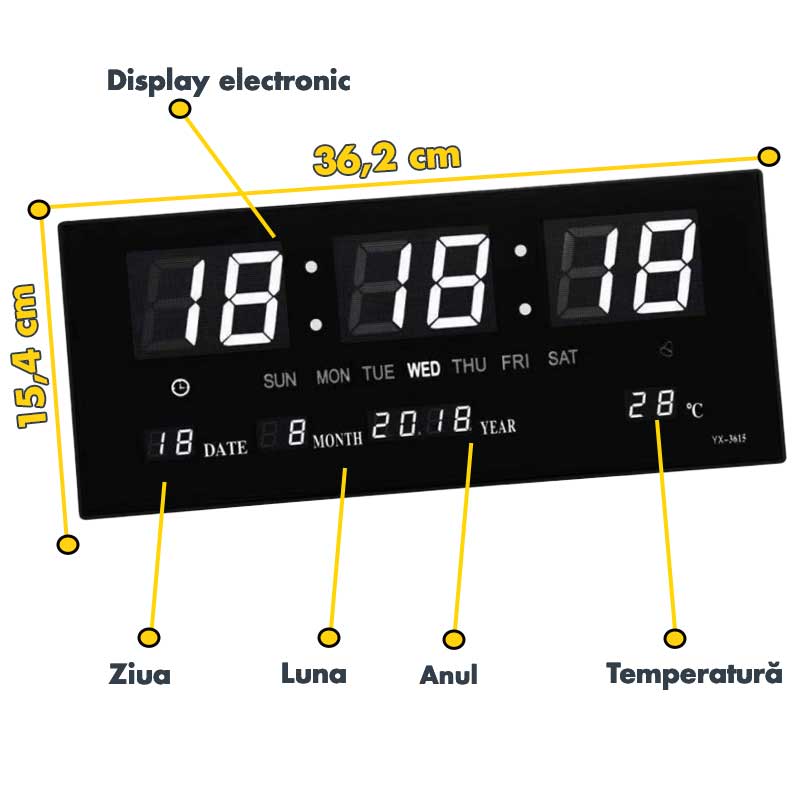 Ceas LED de perete cu dimensiuni 36,2x15,4 cm, display electronic cu afisaj zi, luna, an si temperatura