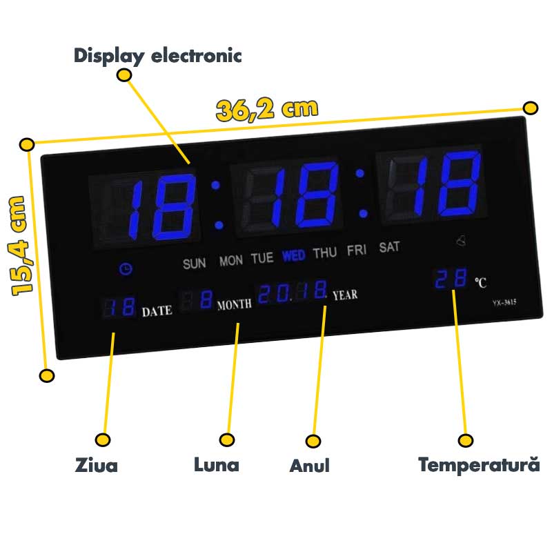 Ceas digital LED cu dimensiuni 36,2x15,4 cm, afisand ziua, luna, anul si temperatura