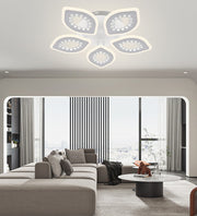 Plafoniera LED 120W 7000lm design floral 5 petale acrilice cu cristale, montaj tavan, lumina reglabila, in living modern