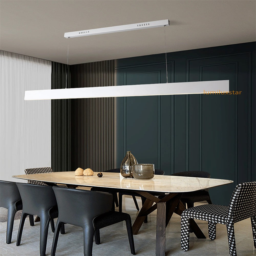 Lustra LED liniara suspendata 120cm, 36W, lumina reglabila calda/neutra/rece, design minimalist alb mat, deasupra mesei de dining