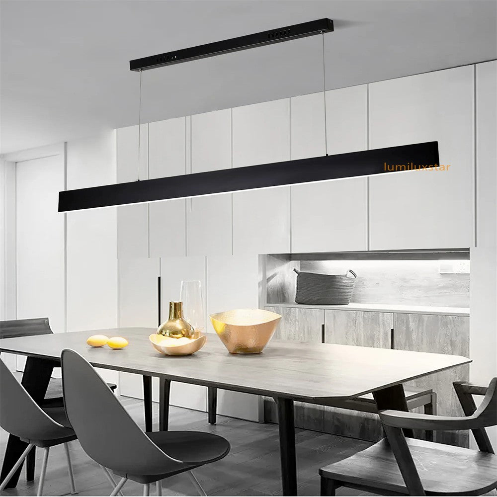 Lustra LED liniara 36W 120cm negru mat suspendata deasupra mesei de dining, lumina reglabila cu telecomanda wifi