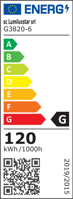 Eticheta energetica clasa G, consum 120 kWh/1000h, plafoniera LED 120W