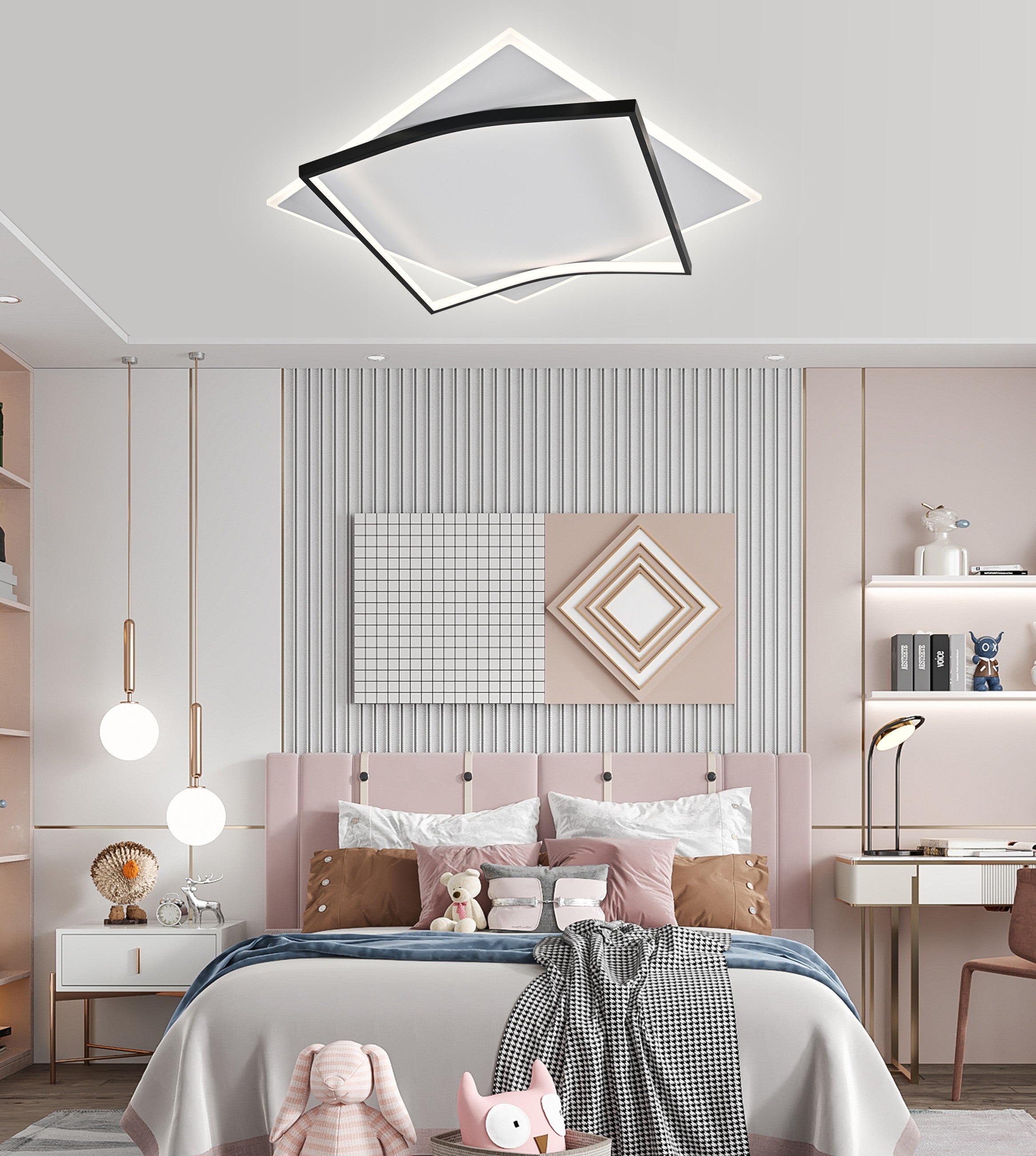 Plafoniera LED forma geometrica dublu-patrat, cadru negru mat, iluminare uniforma intr-un dormitor colorat