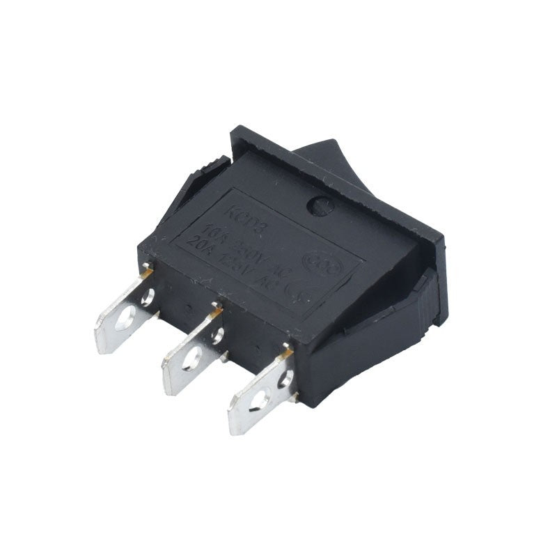 Intrerupator rocker momentan 16A 250V, vedere din spate cu 3 pini metalici si inscriptii tehnice
