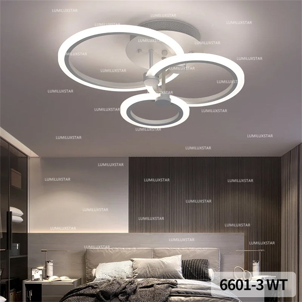 Plafoniera LED 3 cercuri 74W, lumina calda/neutra/rece reglabila, montaj tavan, design geometric alb mat