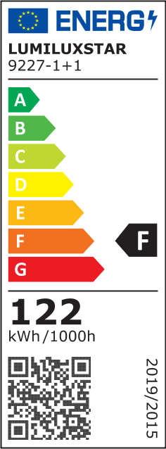 Eticheta energetica clasa F, consum 122 kWh/1000h, pentru lustra LED de tavan cu design patrat