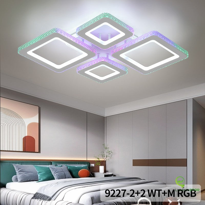 Plafoniera LED RGB montata pe tavan in dormitor modern, efect cristal multicolor