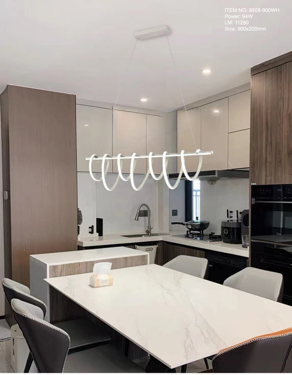 Lustra LED suspendata 94W 11280lm, design ondulat acril alb 900mm, montata deasupra mesei de dining