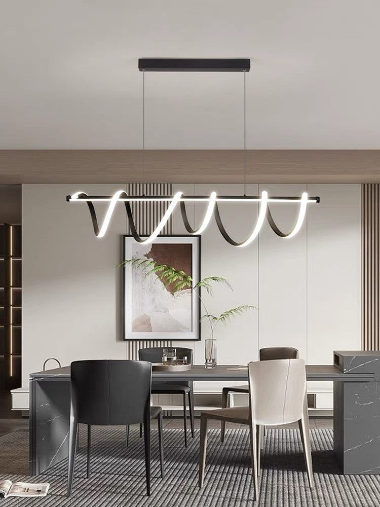 Lustra LED suspendata 94W, 4500 lumeni, design liniar cu bucle decorative, deasupra mesei de dining