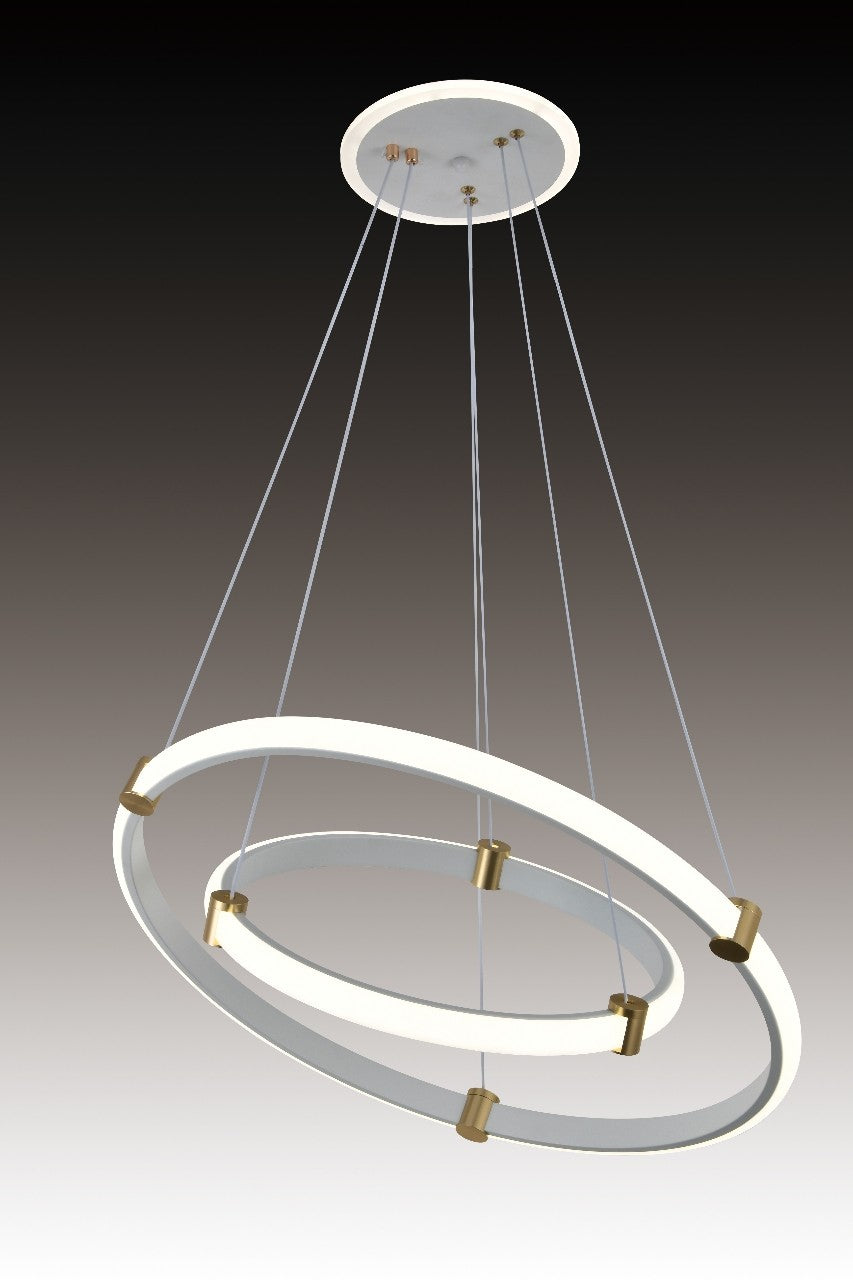 Lustra LED suspendata 2 cercuri 40cm+60cm, 65W, lumina calda/neutra/rece reglabila, design alb cu accente aurii