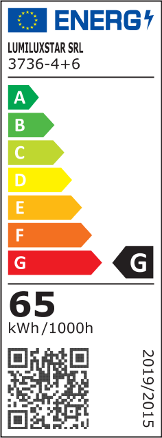 Eticheta energetica clasa G, consum 65 kWh/1000h, corp de iluminat LED