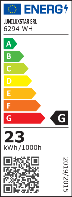 Eticheta energetica clasa G, consum 23 kWh/1000h, lustra LED 23W