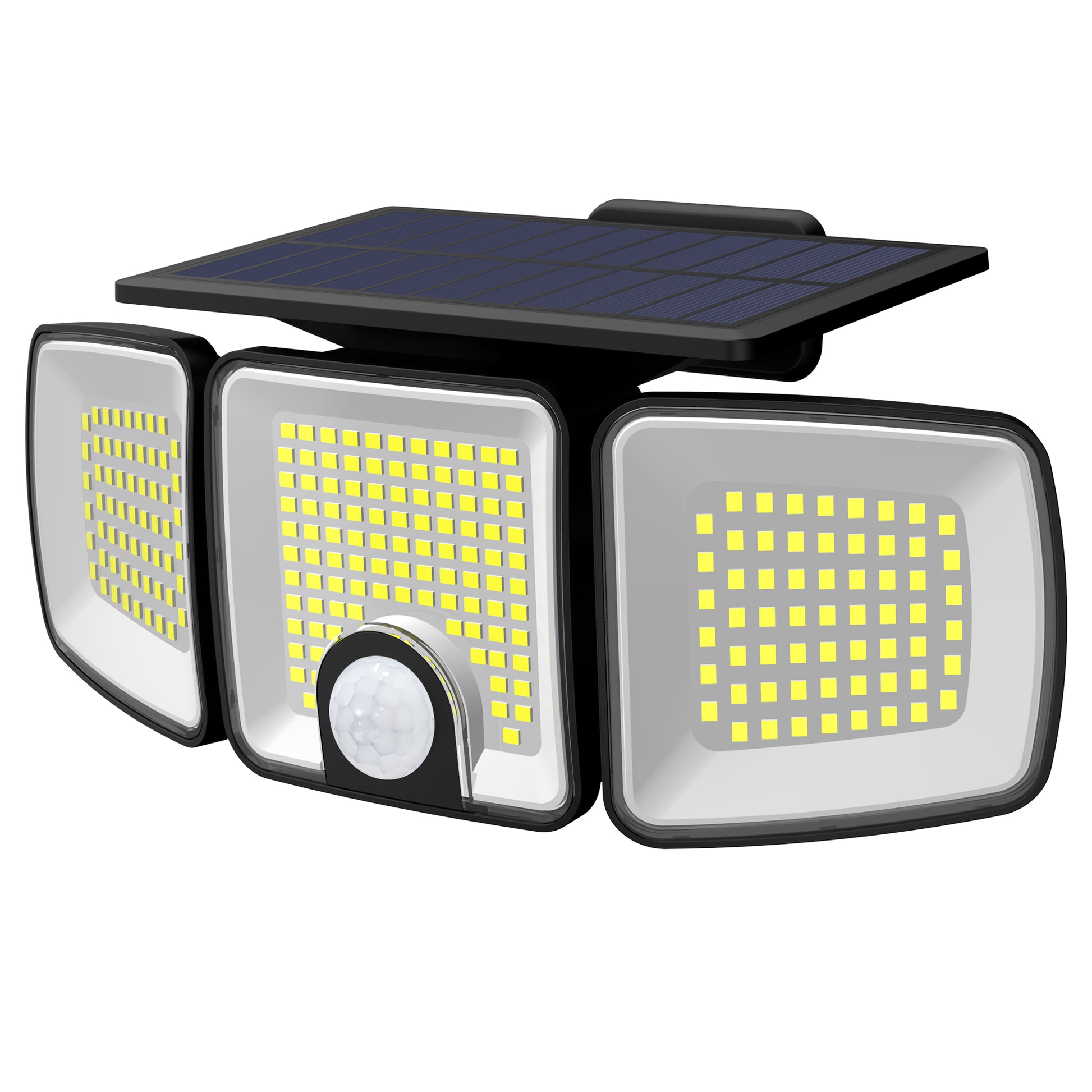 Proiector solar LED cu panou integrat si senzor PIR, vedere in perspectiva din unghi lateral