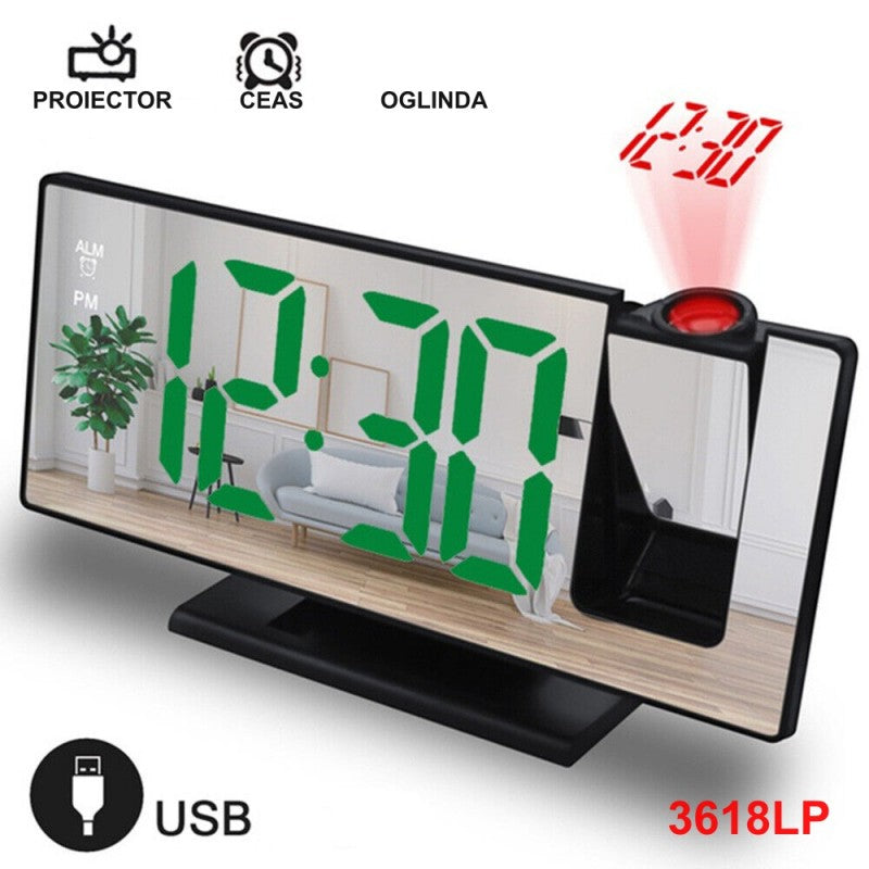 Ceas cu proiector reglabil proiectand ora pe perete, display LED verde si alimentare USB