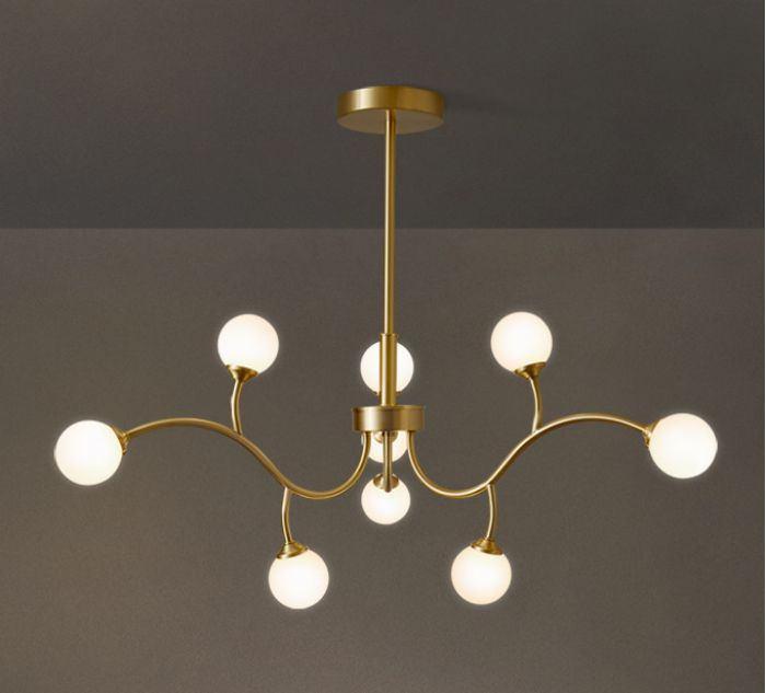 Lustra LED suspendata 9 globuri mate G9 5W, finisaj auriu mat, lumina neutra, diametru 600mm, design mid-century