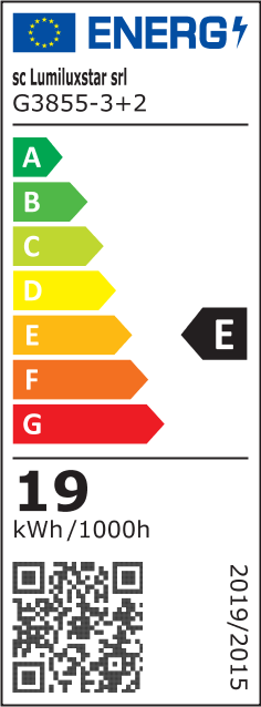 Eticheta energetica clasa E, consum 19 kWh/1000h, lustra LED suspendata