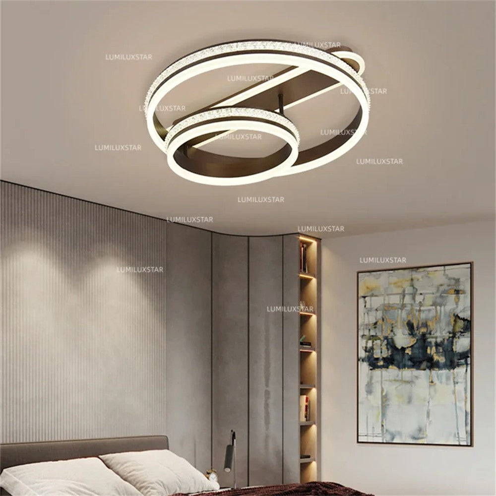 Lustra LED cu inele concentrice maro, 160W, 4000 lm, montaj plafoniera, lumina reglabila WiFi, dormitor modern