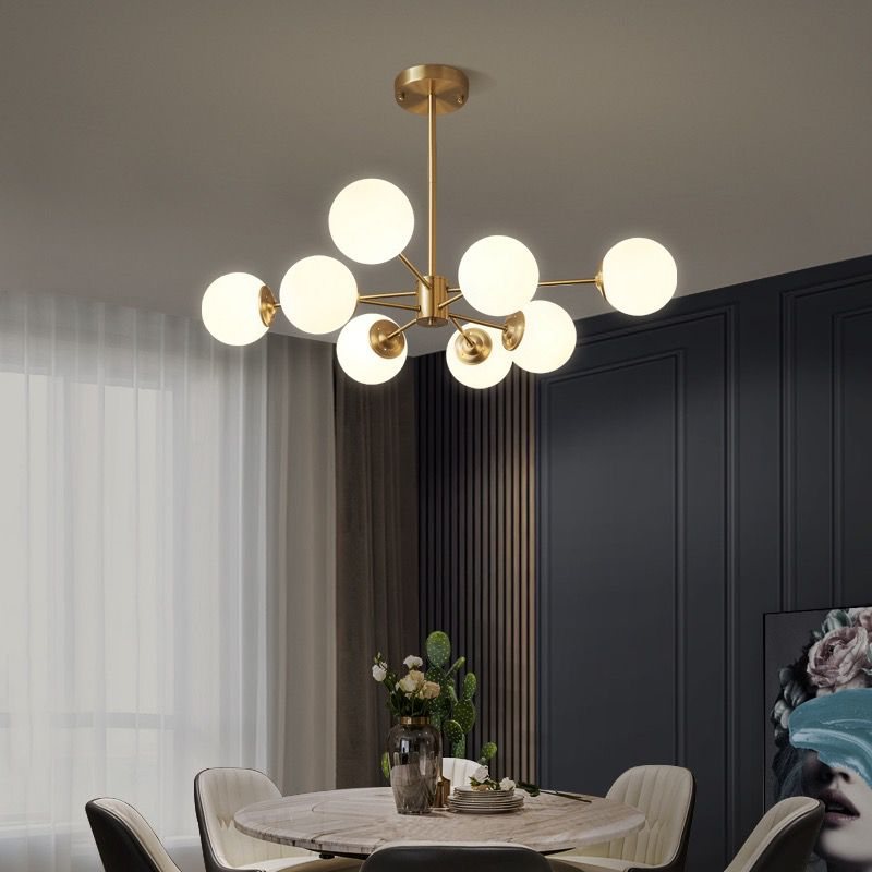Lustra suspendata 8 globuri acril mat, finisaj auriu, soclu E27, diametru 60 cm, stil sputnik modern