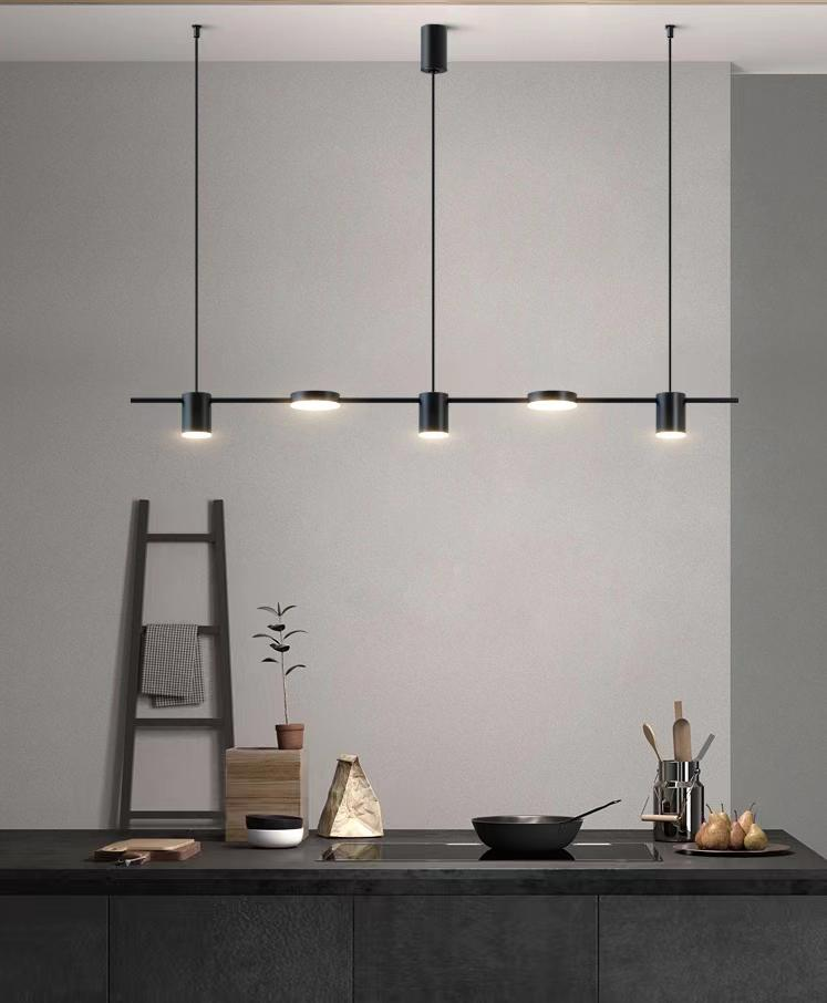 Lustra LED bara 5 spoturi negru mat, 60W 3000lm, lumina reglabila calda/neutra/rece, suspendata deasupra blatului de bucatarie