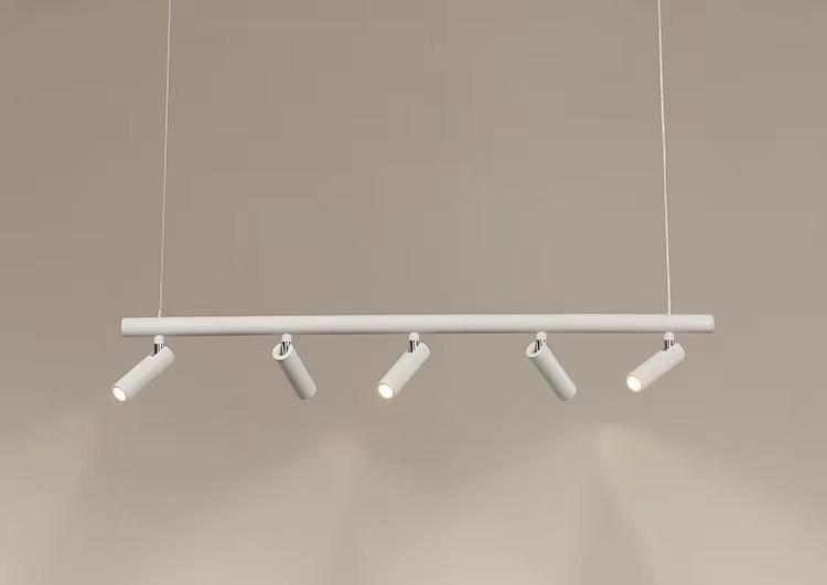 Lustra LED 15W 1500lm 4000K cu 5 proiectoare orientabile, bara cilindrica alba suspendata, design minimalist